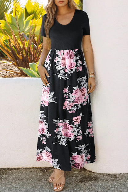 Black Contrast Floral Empire Waist Maxi Dress - Chic Meadow Boutique 