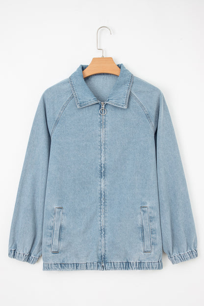 Myosotis Elastic Edge Collared Zip Up Denim Jacket With Pocket