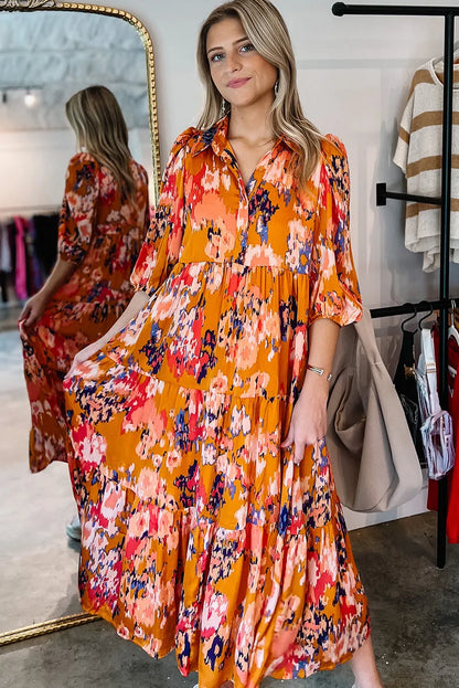 Orange Abstract Print Pleated Half Sleeve Buttoned Maxi Dress - Chic Meadow Boutique 