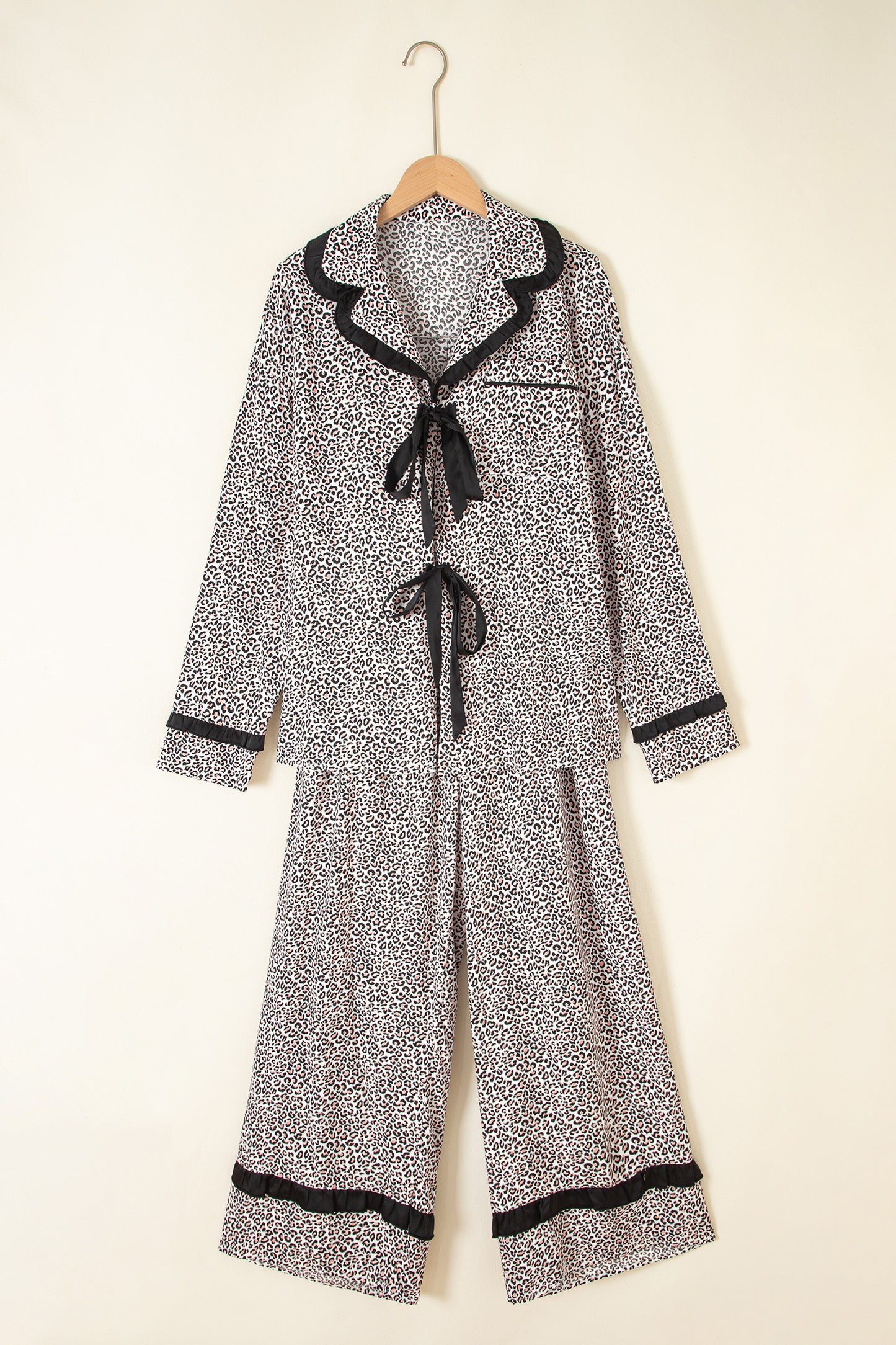 Brown Leopard Print Bow Knot Patchwork Long Sleeve Lounge Set