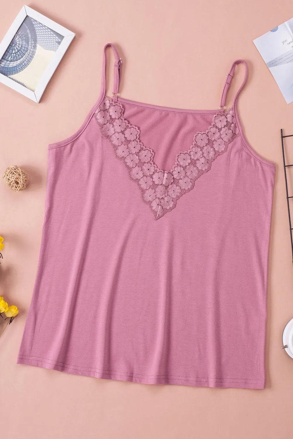 Pink Lace Splicing V Neck Cami Top - Chic Meadow Boutique 