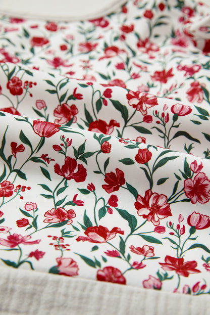 Red Floral Print Gauze Patchwork Henley Button 3/4 Sleeve Blouse