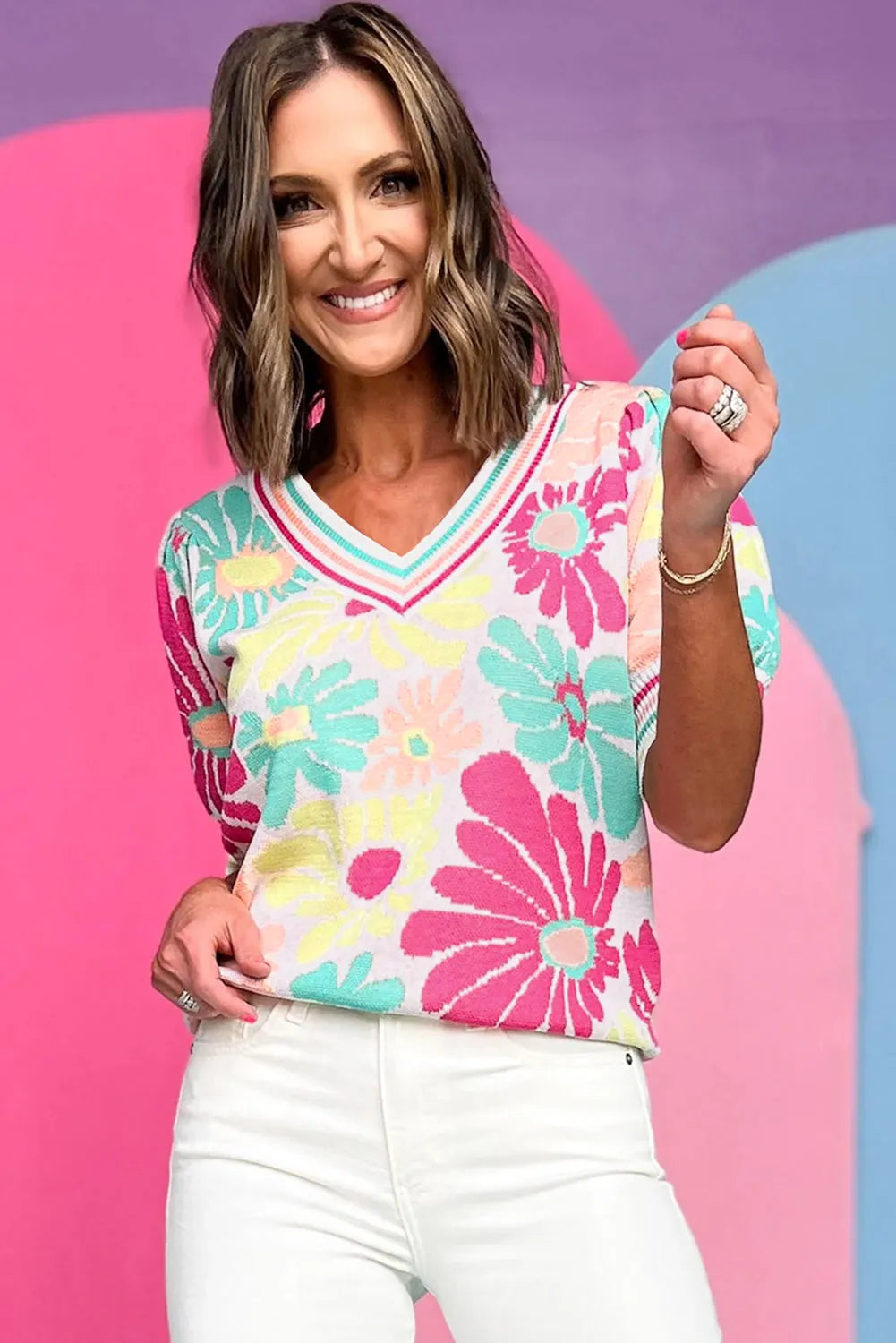 Multicolour Floral Print V Neck Short Sleeve Sweater - Chic Meadow Boutique 