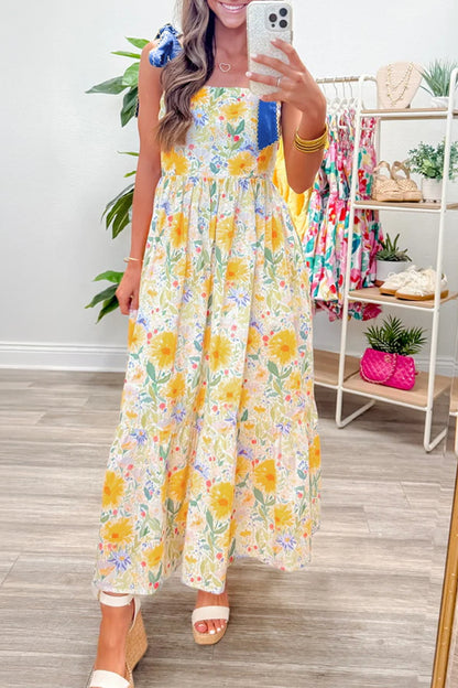 Yellow Floral Print Contrast Stitched Knot Denim Straps High Waist Dress