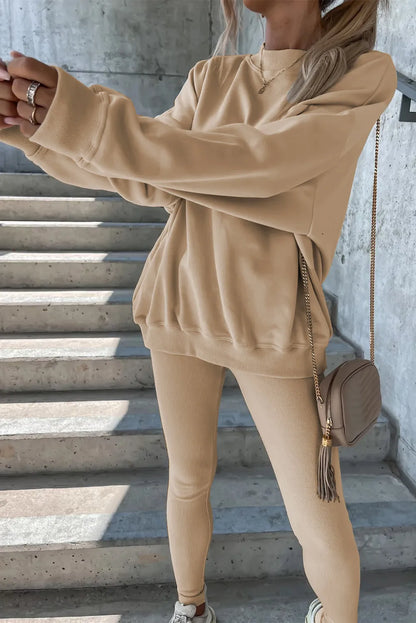 Beige Solid Sweatshirt and Leggings Two Piece Set - Chic Meadow Boutique 