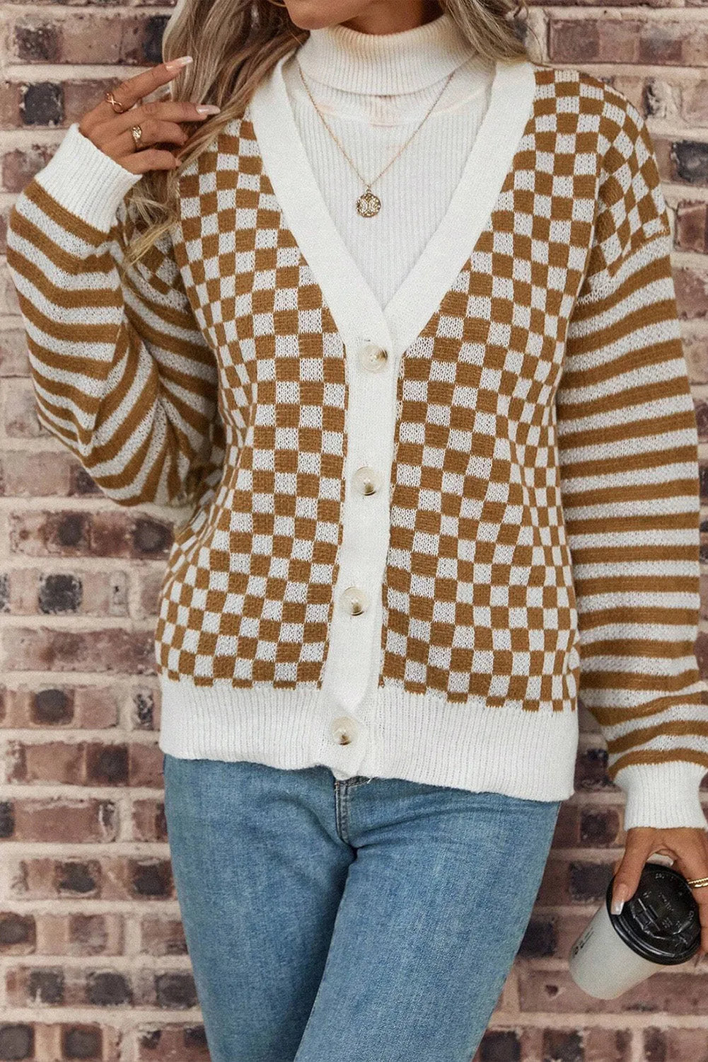 Brown Checkered Striped Patched Buttoned V Neck Cardigan - Chic Meadow Boutique 