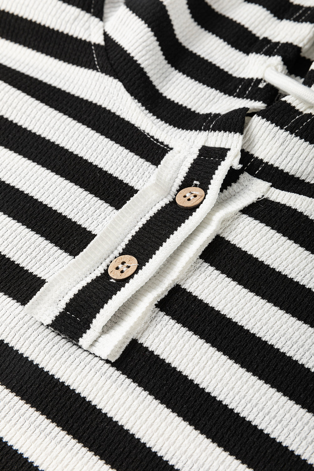 Black white Oversized Striped Henley Buttons Dolman Sleeve Hooded Top