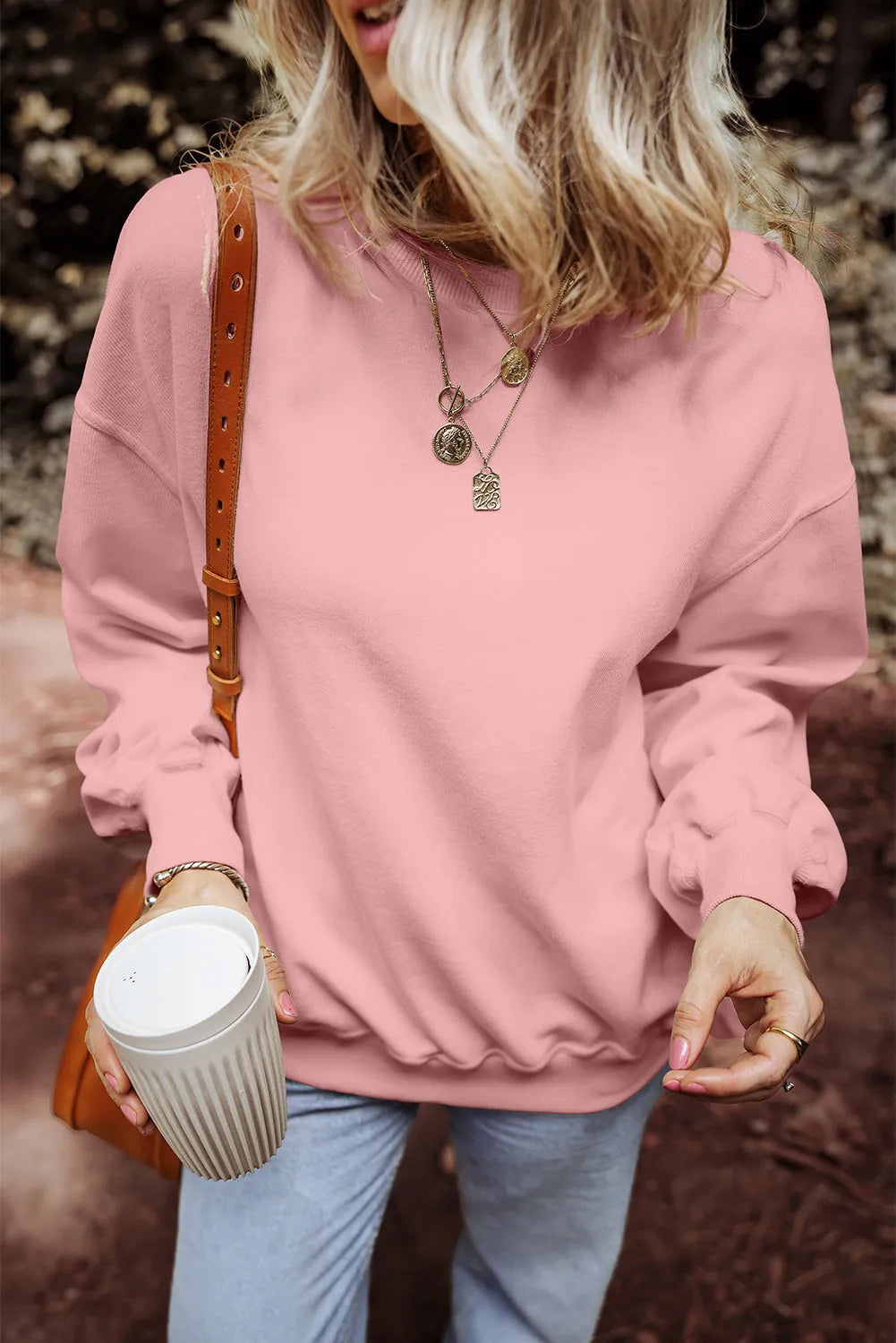 Pink Loose Drop Shoulder Ribbed Sweatshirt - Chic Meadow Boutique 