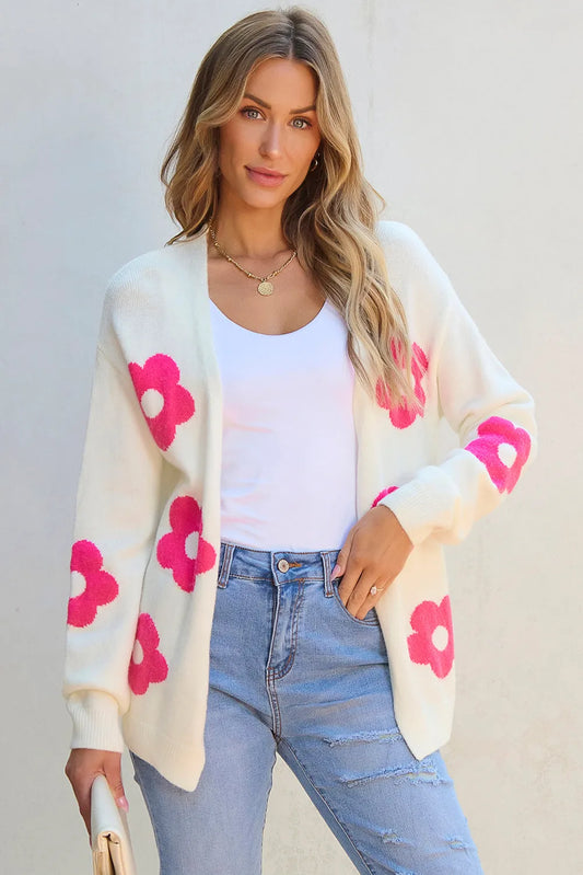 Rose Red Flower Pattern Open Front Cardigan - Chic Meadow Boutique 