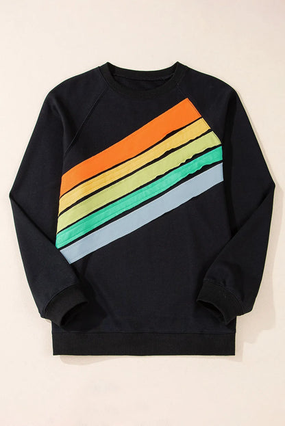 Black Rainbow Raglan Sleeve Crew Neck Plus Size Sweatshirt - Chic Meadow Boutique 