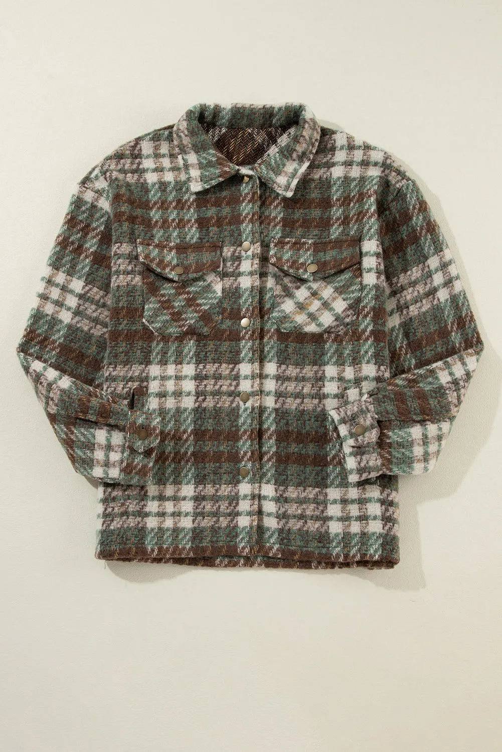 Mist Green Plaid Print Chest Pockets Turn Down Collar Shacket - Chic Meadow Boutique 