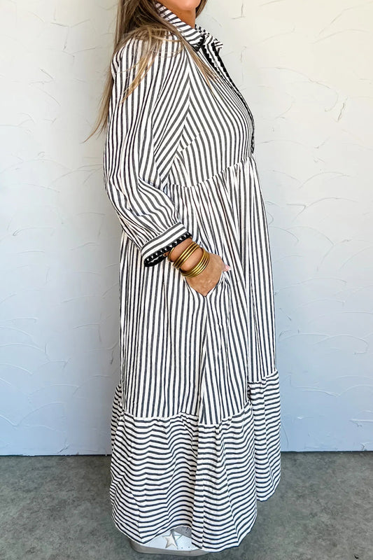 Black Stripe Scallop Trim Shirt Collar Half Button 3/4 Sleeve Long Dress