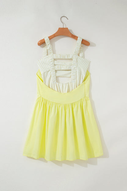 Yellow Cream Faux Two Piece Gingham Contrast Patchwork Loose Mini Dress