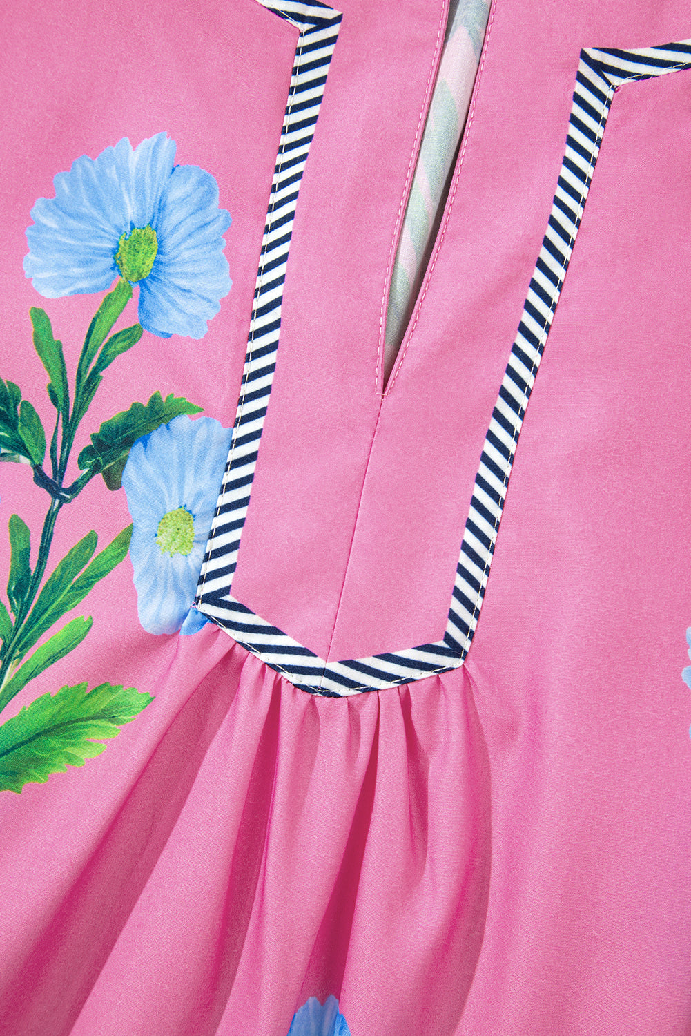 Rose Floral Short Sleeve Split Neck Loose Mini Dress