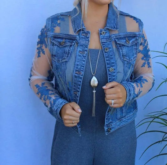 Denim Lace Jacket - Blue - Chic Meadow Boutique 