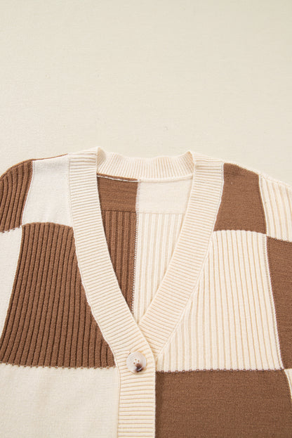 Khaki Checkered Ribbed Texture Knit Plus Size Cardigan Sweater