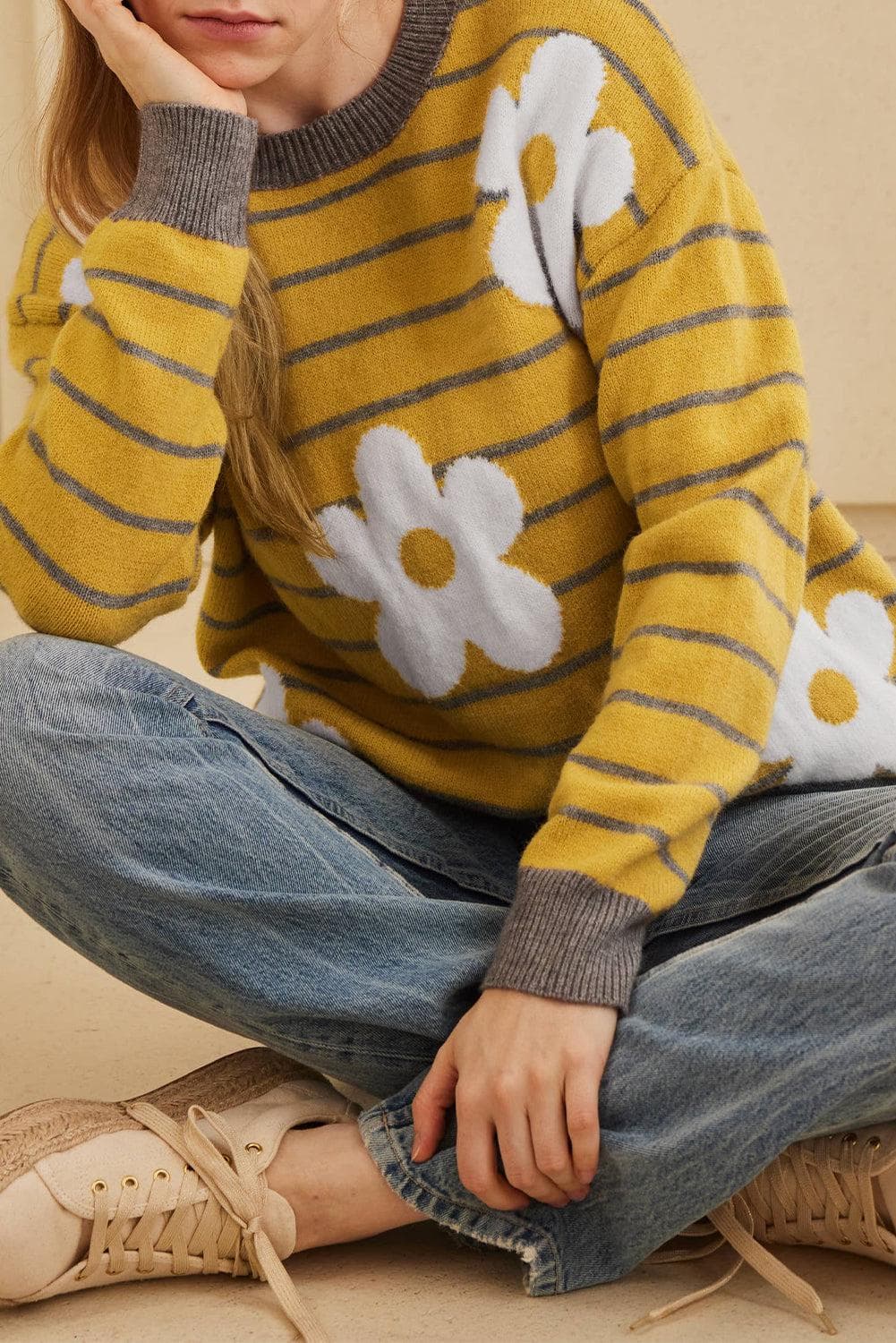 Sweaters & Cardigans/Sweaters Yellow Stripe / S / 50%Viscose+28%Polyester+22%Polyamide Yellow Stripe Daisy Floral Knitted Round Neck Sweater