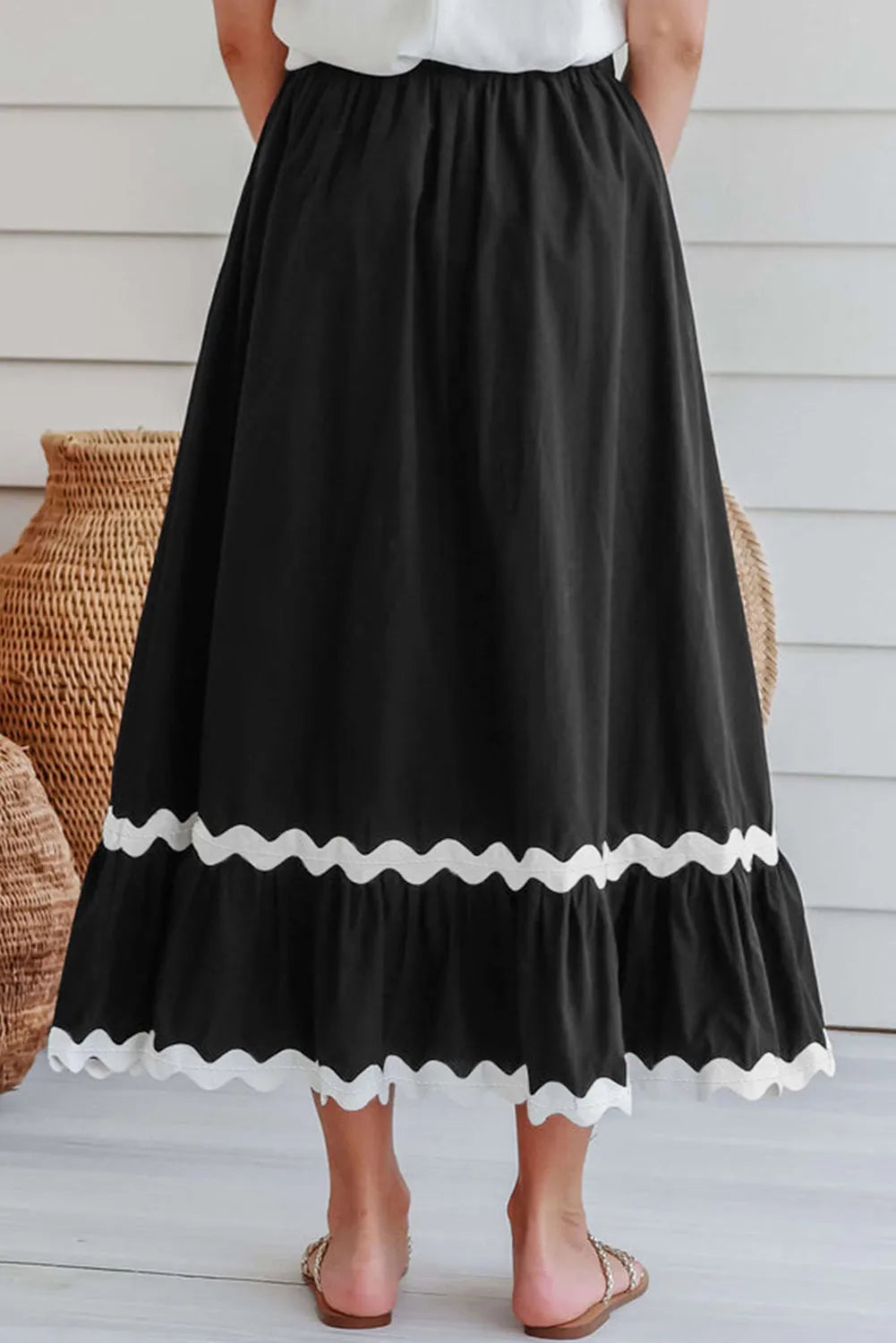 Black Ricrac Trim Colorblock High Waist Long Skirt - Chic Meadow Boutique 