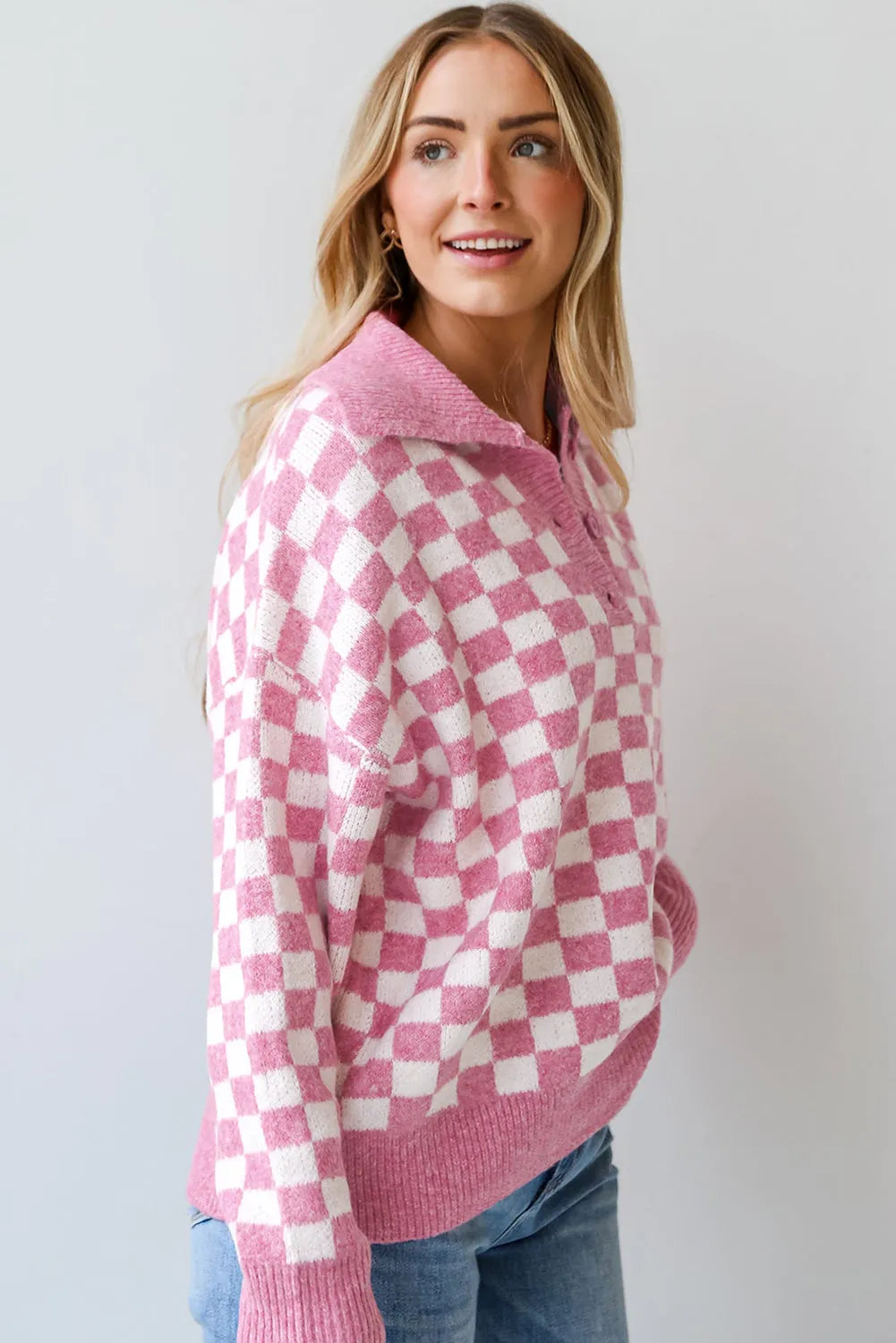 Pink Checkered Buttons Collar V Neck Drop Shoulder Sweater - Chic Meadow Boutique 