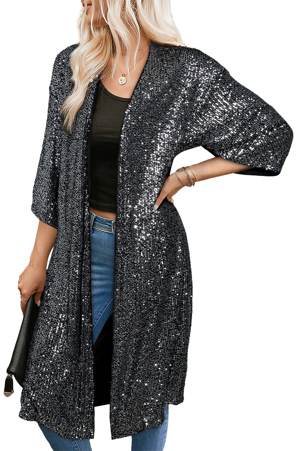 Silvery Sequin 3/4 Sleeve Kimono - Chic Meadow Boutique 