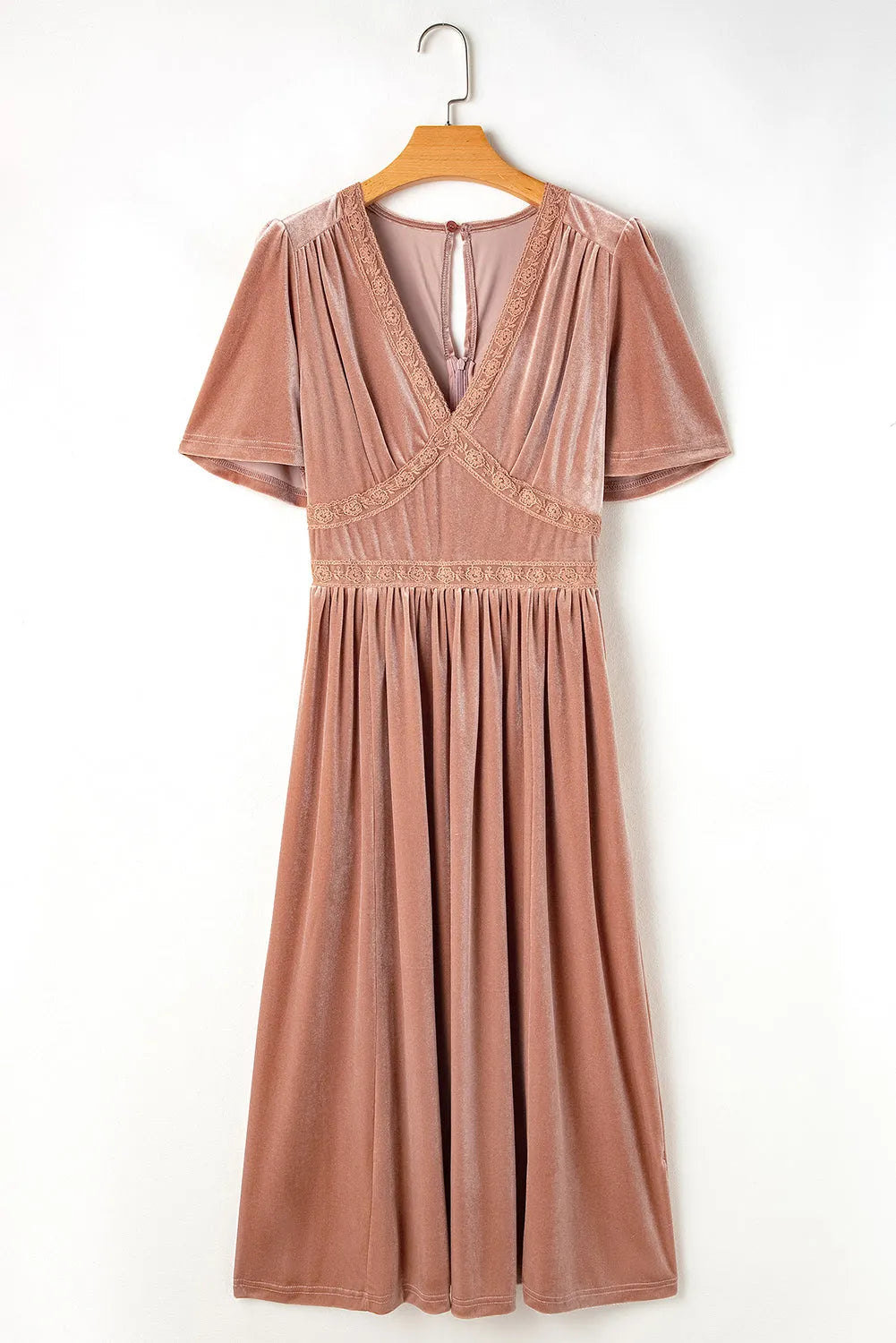 Chestnut Velvet Lacy V Neckline Short Sleeve Empire Waist Flowy Maxi Dress - Chic Meadow Boutique 