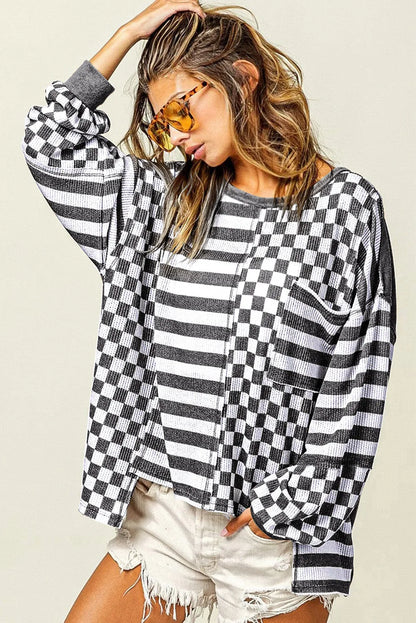 Dark Grey Checkerboard Striped Patchwork Lantern Sleeve Pocketed Blouse - Chic Meadow Boutique 