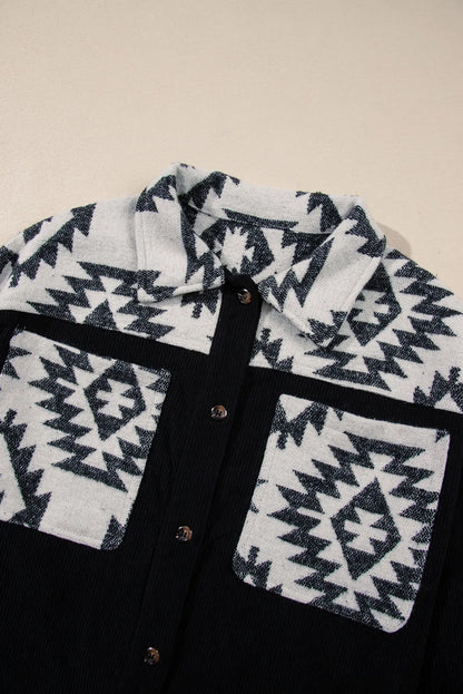 Black Aztec Patchwork Buttoned Corduroy Shacket - Chic Meadow Boutique 