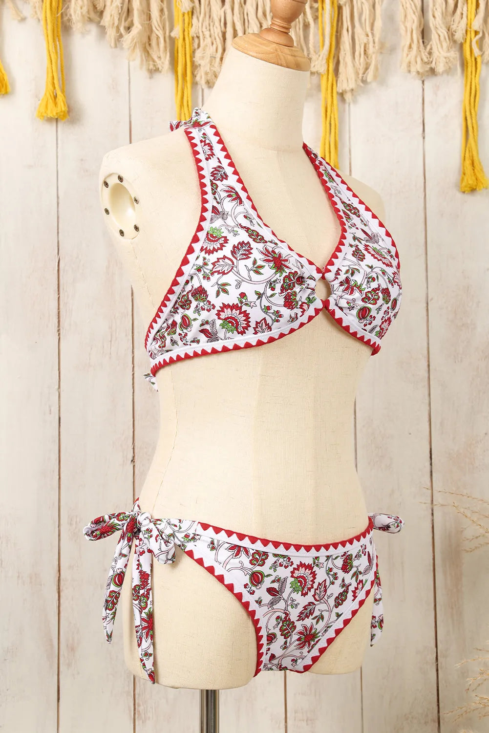 Red Floral Halter O-Ring Backless Knot Bikini Set - Chic Meadow Boutique 