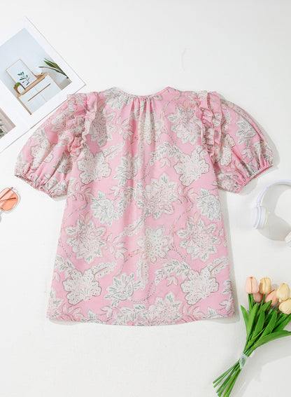Pink Floral Print Drawstring V Neck Puff Sleeve Loose Blouse