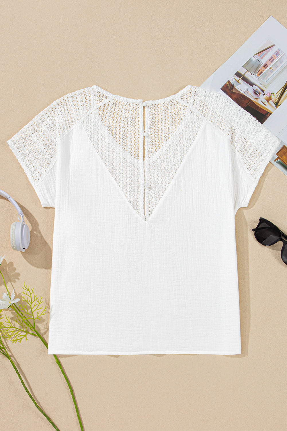 White Lace Crochet Textured Button Back V Neck T Shirt