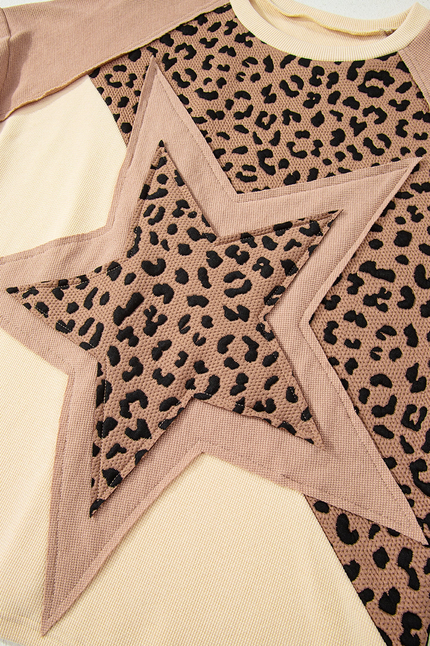 Light French Beige Leopard Star Color Block Patchwork Textured Baggy Sweatshirt