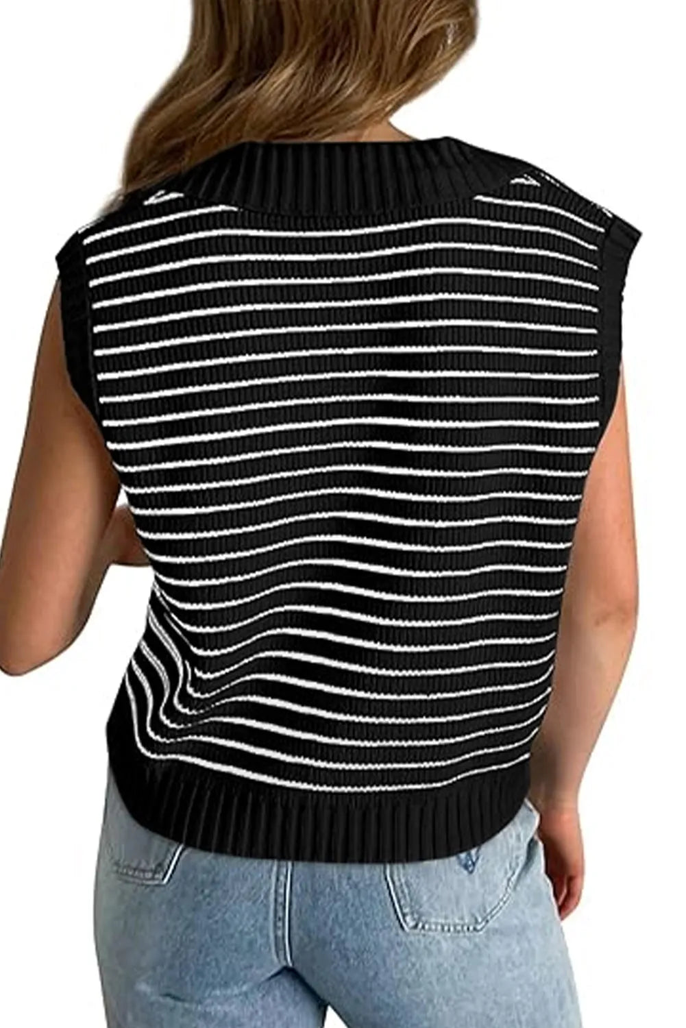 Black Stripe Turn-down V Neck Sweater Tank Top - Chic Meadow Boutique 