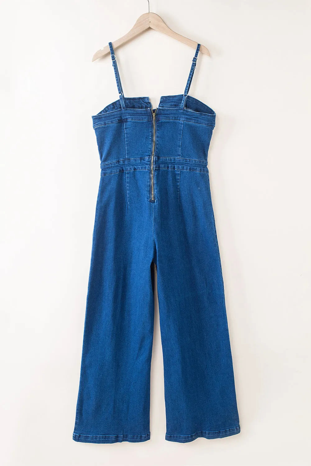 Blue Spaghetti Straps Notch V Denim Jumpsuit - Chic Meadow Boutique 