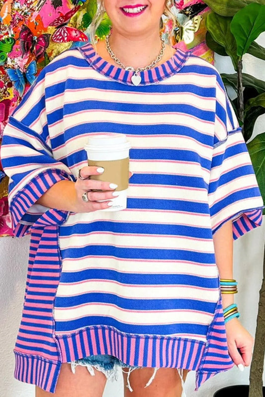 Blue Stripe Patchwork Exposed Seam Drop Shoulder Oversized Top - Chic Meadow Boutique 