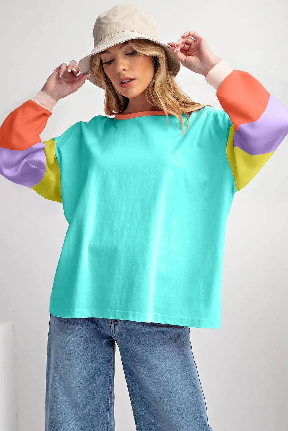 Light Blue Colorblock Patchwork Long Sleeve Loose Top - Chic Meadow Boutique 