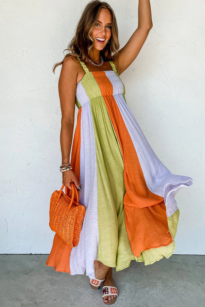 Green Color Block Shirred High Waist Fit and Flare Maxi Dress - Chic Meadow Boutique 