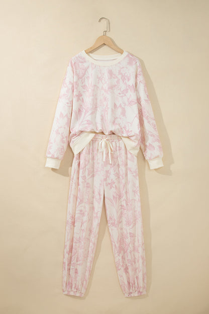 Pink Abstract Print Drop Shoulder Drawstring Waist Drawstring Hem Pant Set