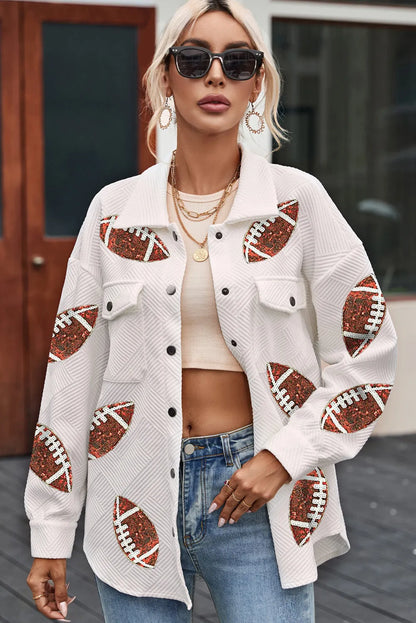 Beige Bubble Gum Texture Sequined Rugby Football Shacket - Chic Meadow Boutique 