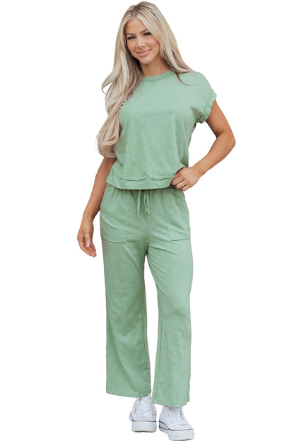 Canton Cuffed Short Sleeve Tee Raw Seam Patch Pocket Drawstring Pants Set