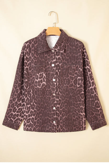 Khaki Oversized Leopard Print Long Sleeve Patch Pocket Denim Jacket