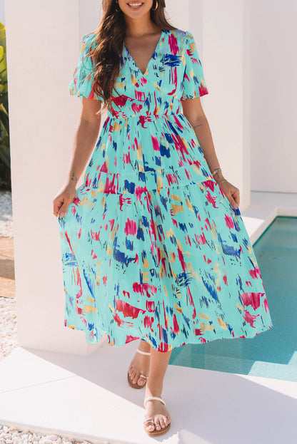 Sky Blue Abstract Print Short Puff Sleeve Tiered Maxi Dress