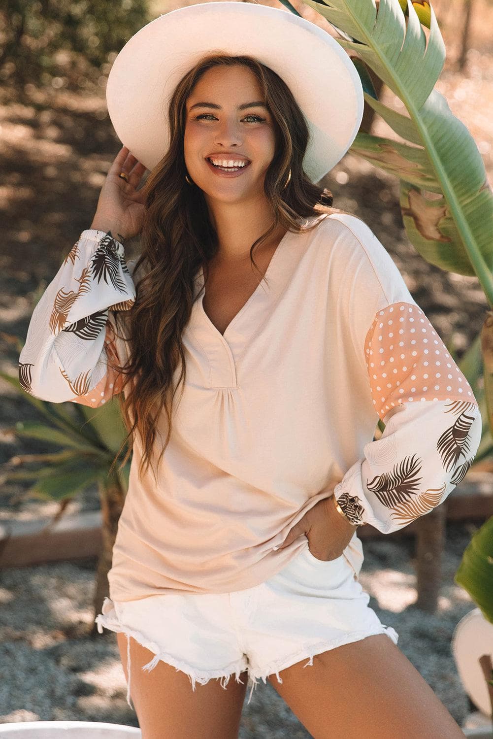 Tops/Blouses & Shirts Jet Stream Palm Leaves Polka Dot Puff Sleeve Patchwork V Neck Loose Blouse