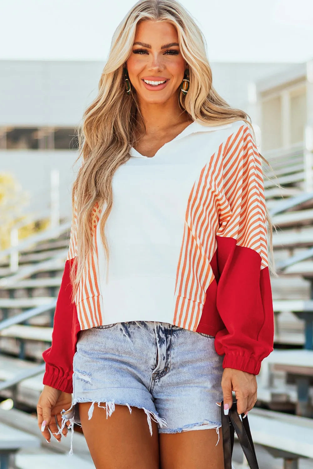 White Striped Color Block Collared V Neck Oversized Sweatshirt - Chic Meadow Boutique 