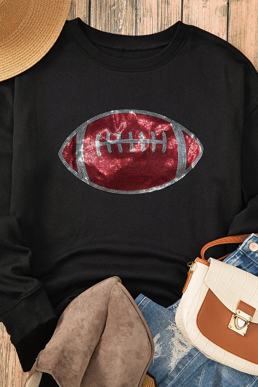 Black Rhinestone Rugby Football Pattern Crew Neck Pullover Sweatshirt - Chic Meadow Boutique 