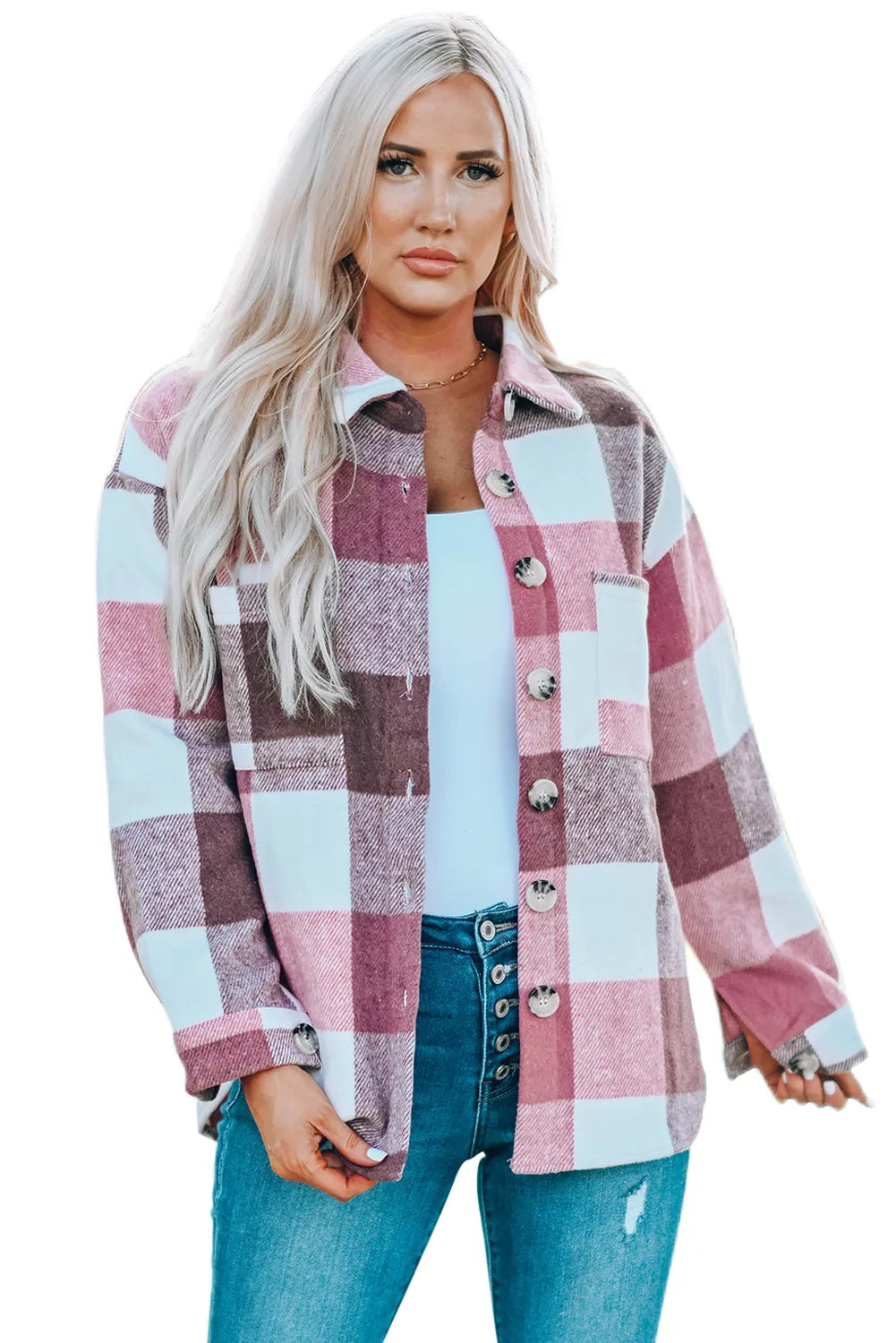 Plaid Color Block Buttoned Long Sleeve Jacket with Pocket - Chic Meadow Boutique 