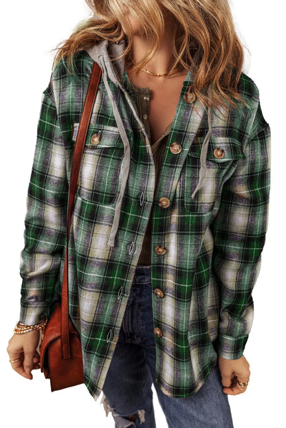 Green Plaid Print Chest Pocket Buttoned Hooded Shacket - Chic Meadow Boutique 