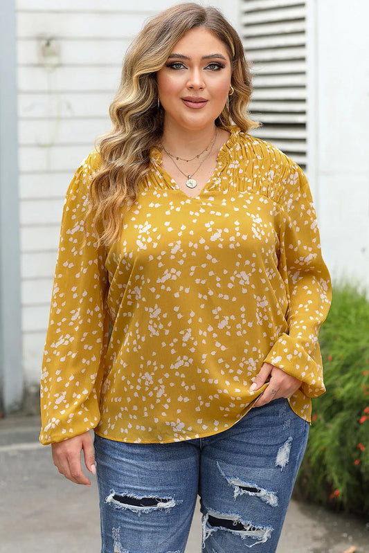 Yellow Plus Size Floral Print Ruched Split Neck Blouse - Chic Meadow Boutique 