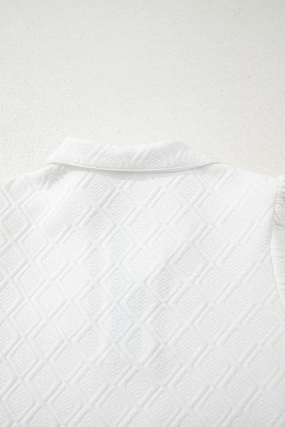 White Textured Jacquard Colorblock Edge Puff Sleeve Quarter Zip Mini Dress