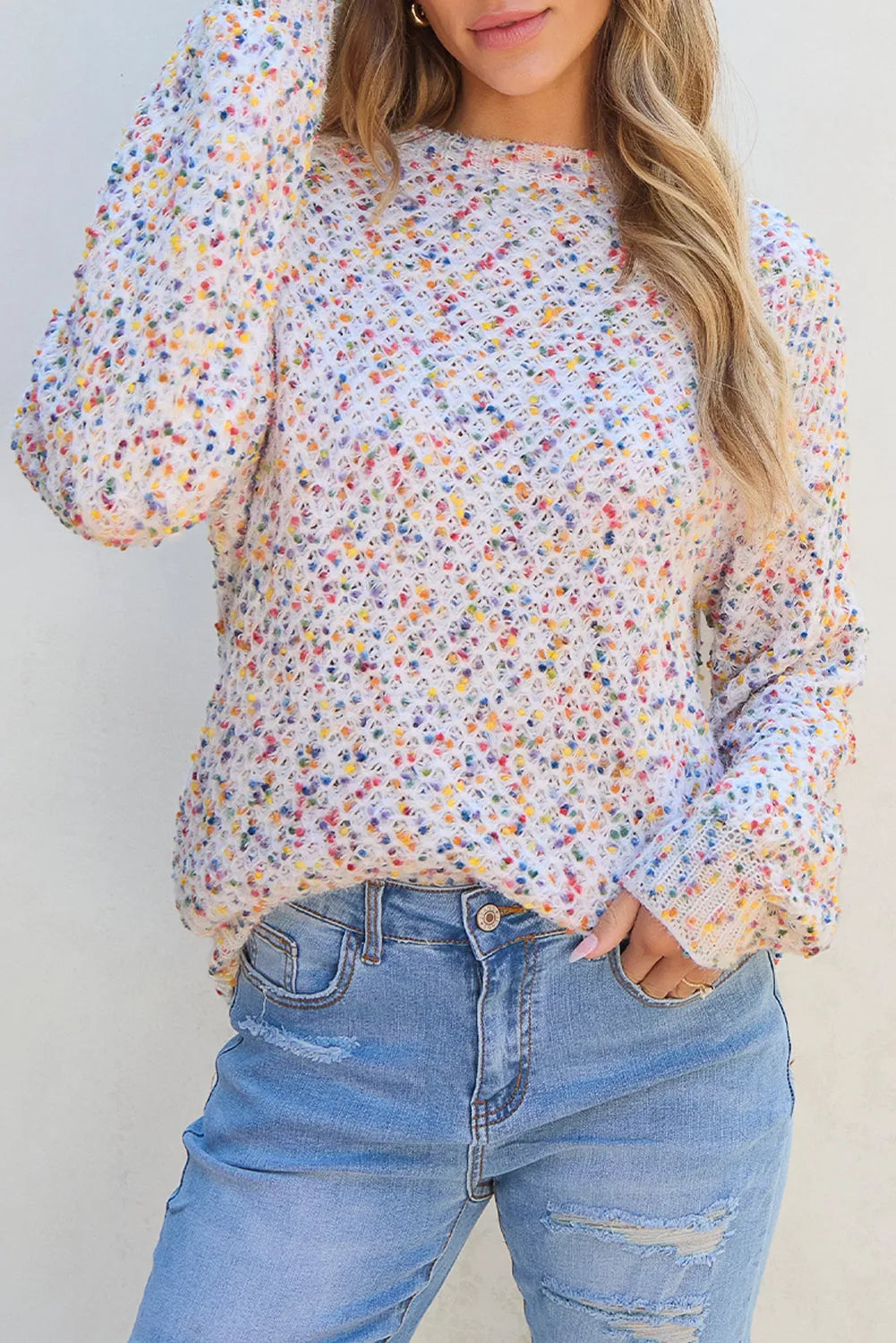 White Confetti Knit Popcorn Sweater Top - Chic Meadow Boutique 