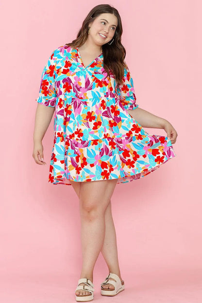 Plus Size/Plus Size Dresses/Plus Size Mini Dresses Multicolour Floral Tiered V Neck Plus Dress